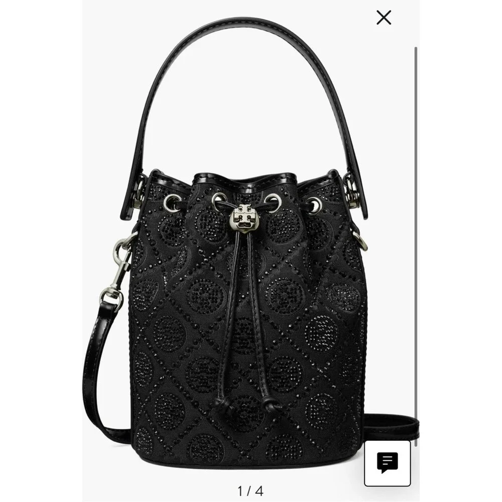 Tory Burch Mini T-Monogram Hot Fix Jacquard Top Handle Bucket In Black New